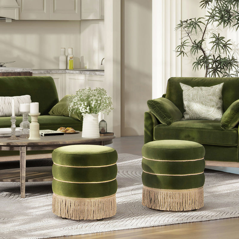 Edward - Round Upholstered Ottoman With Bullion Fringe - Olive Green - R&R Furniture Gallery (Fountain Valley, CA)
