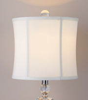 Set of two Lumi Source Karat contemporary crystal table lamps with clear crystal bases, chrome accents, and white softback shades.