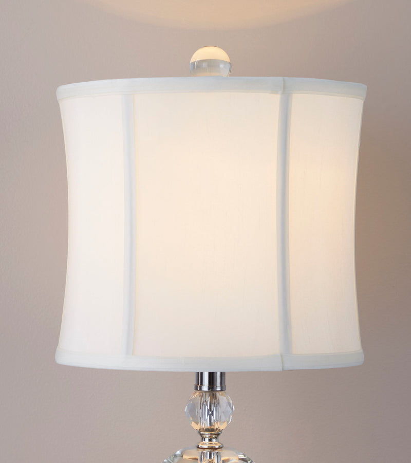 Set of two Lumi Source Karat contemporary crystal table lamps with clear crystal bases, chrome accents, and white softback shades.