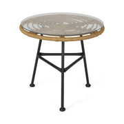 Noble House Petrichor outdoor side table with tempered glass surface and steel frame, ideal for patio or garden seating areas.