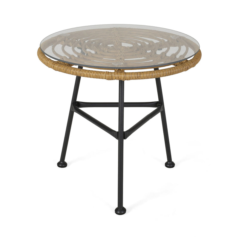 Noble House Petrichor outdoor side table with tempered glass surface and steel frame, ideal for patio or garden seating areas.