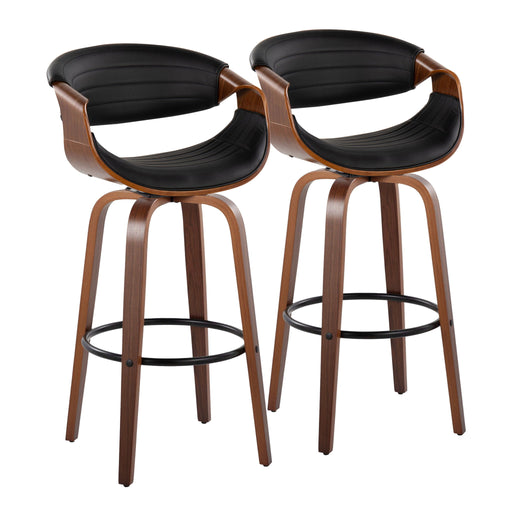 Lumi Source Symphony mid-century modern fixed height barstools with swivel, round footrest, set of 2, featuring wooden seats and metal bases.