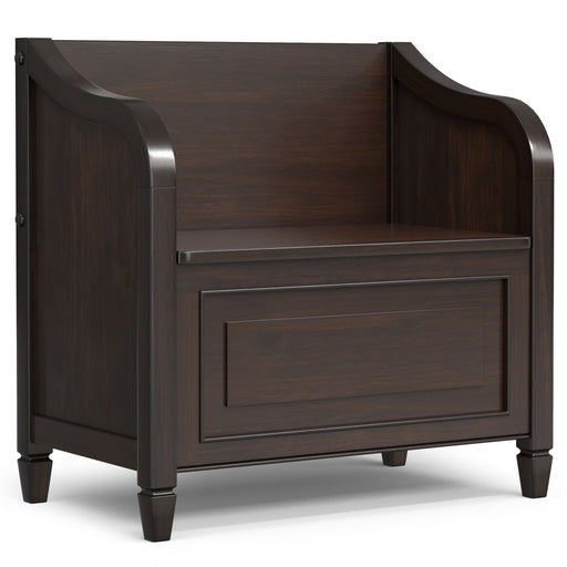 Simpli-Home Connaught Storage Bench with cushioned top and wooden base, ideal for entryway or living room storage.