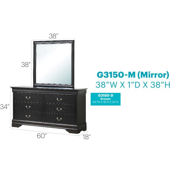 Elegant black wall mirror by Glory Furniture with a sleek, modern frame, suitable for contemporary home décor.