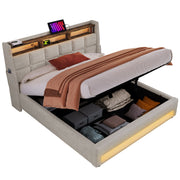 Artistry At Home upholstered platform bed with hydraulic storage, LED lighting, and built-in USB charging ports.