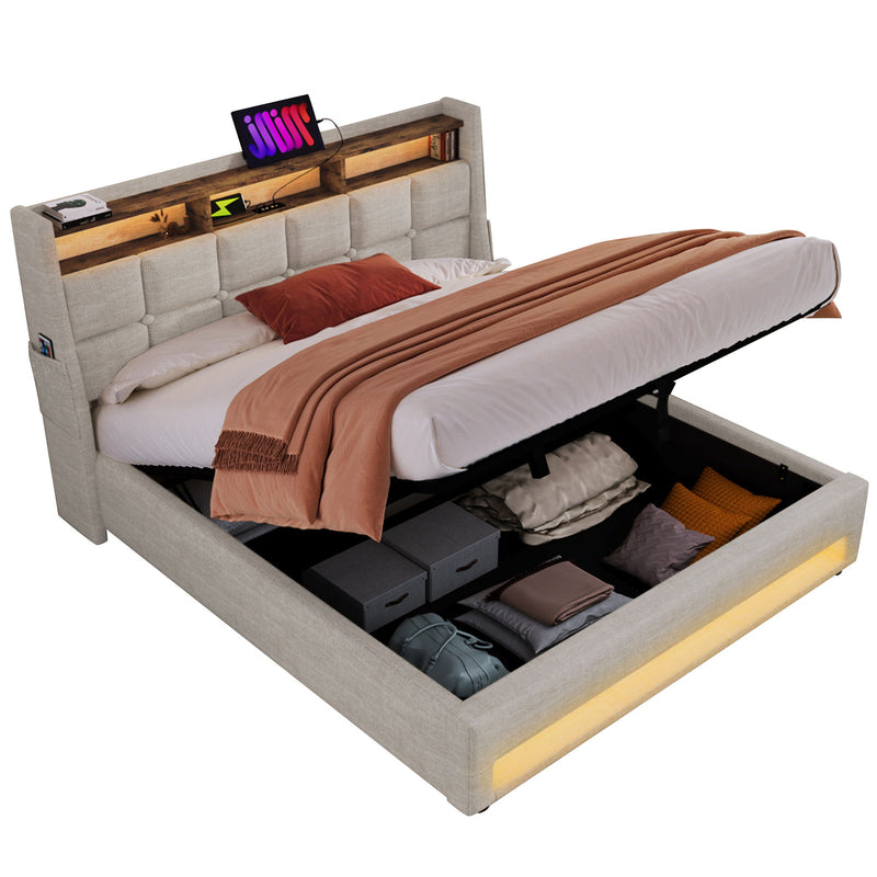Artistry At Home upholstered platform bed with hydraulic storage, LED lighting, and built-in USB charging ports.