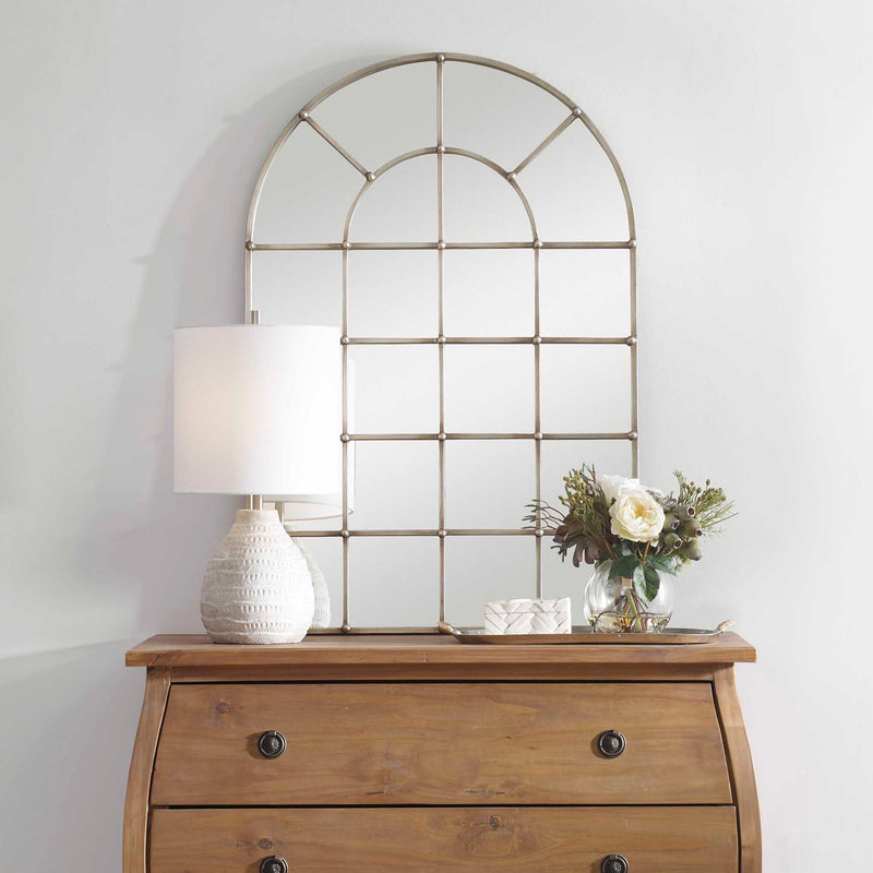 Uttermost Barwell Arch Wall Mirror with pearl silver finish, featuring an elegant arched frame for stylish home decor.