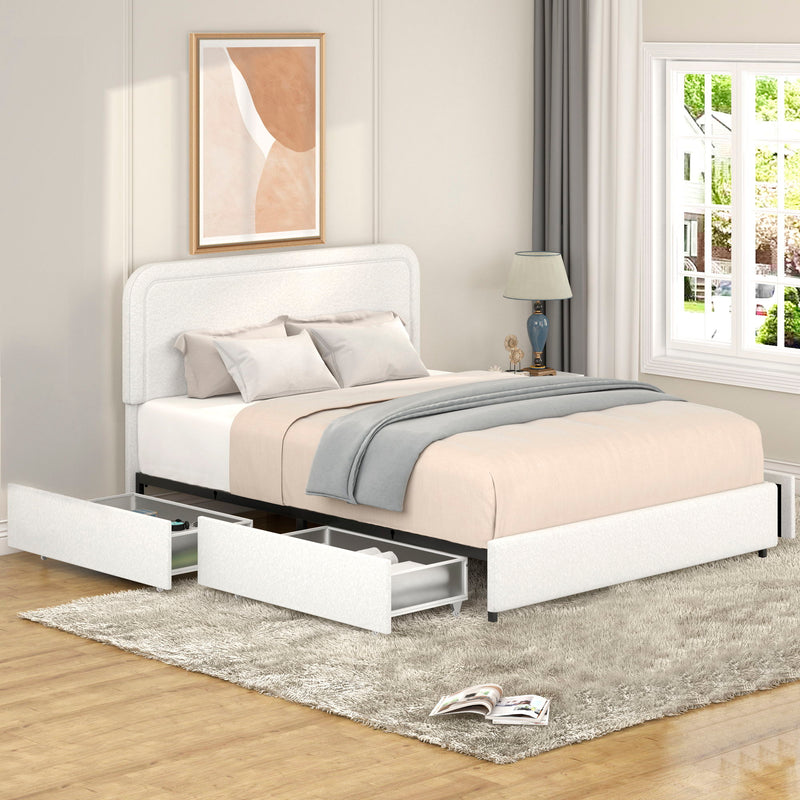 House & Home Furniture Liv upholstered storage platform bed with drawers, showing the sleek upholstered headboard and spacious storage drawers.