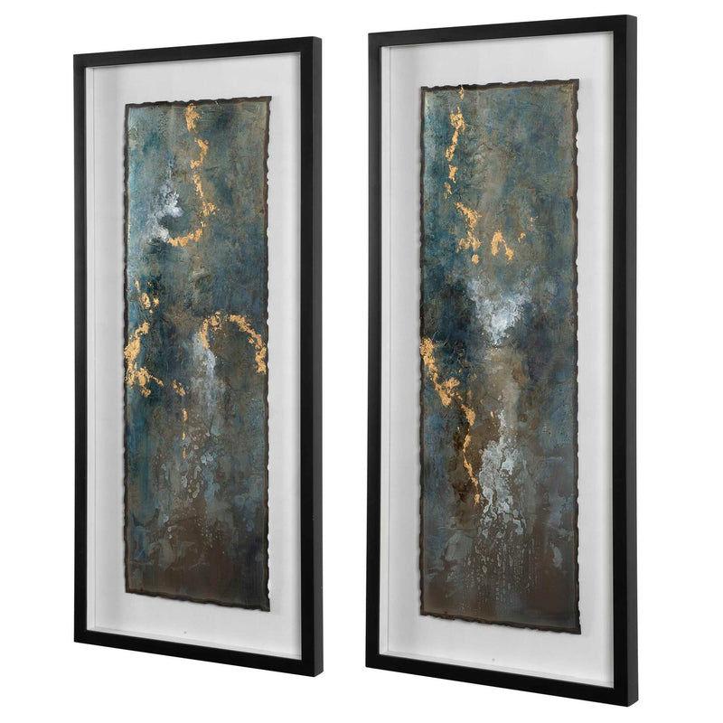 Set of 2 framed blue agate abstract prints by Uttermost featuring shimmering stone patterns for modern wall decor.