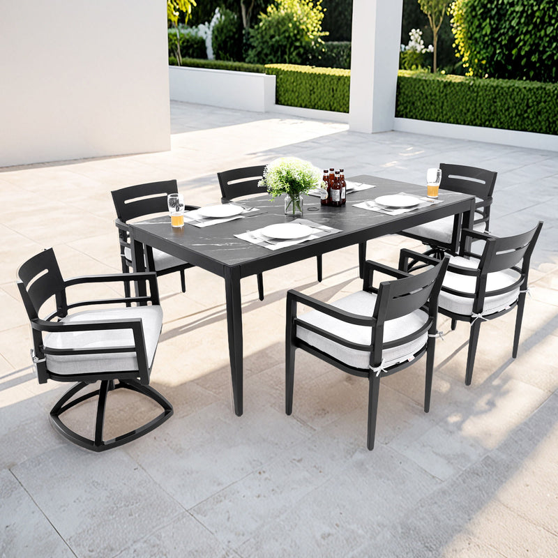 Modern Outdoor Patio Dining Set With Table And Chairs With Sunbrella Cushions - R&R Furniture Gallery (Fountain Valley, CA)