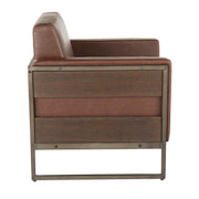 Lumi Source Drift industrial lounge arm chair in espresso with sleek modern design and soft upholstered seat and backrest.
