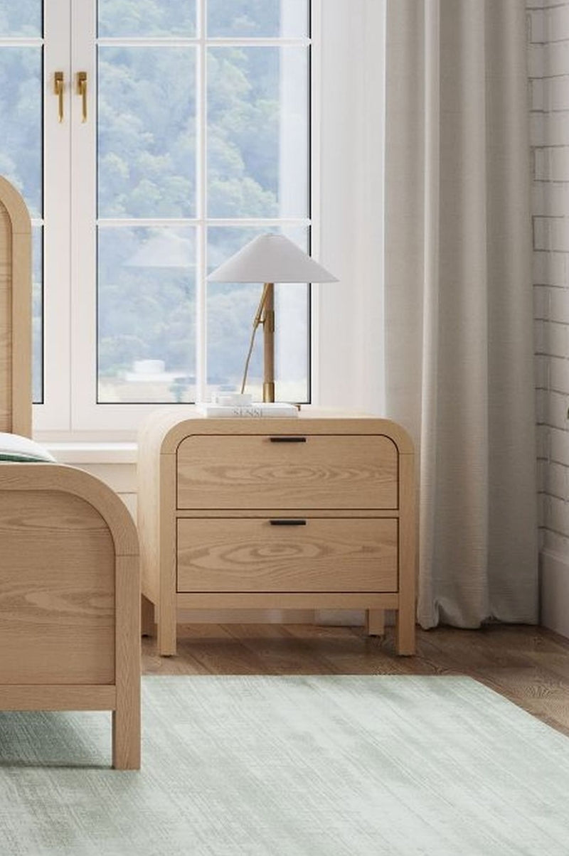 Modus Drake 2-Drawer Nightstand with USB ports in timber finish, featuring sleek design and ample storage.