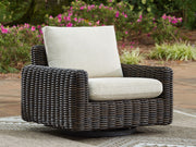 Kimora - 7 Pc. - 4-Piece Outdoor Sectional, Swivel Glider Lounge, Cocktail Table, End Table - Beige / Dark Brown - R&R Furniture Gallery (Fountain Valley, CA)