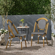 Outdoor rattan and aluminum French bistro chair set by Noble House, featuring stylish woven rattan design and metal frame.