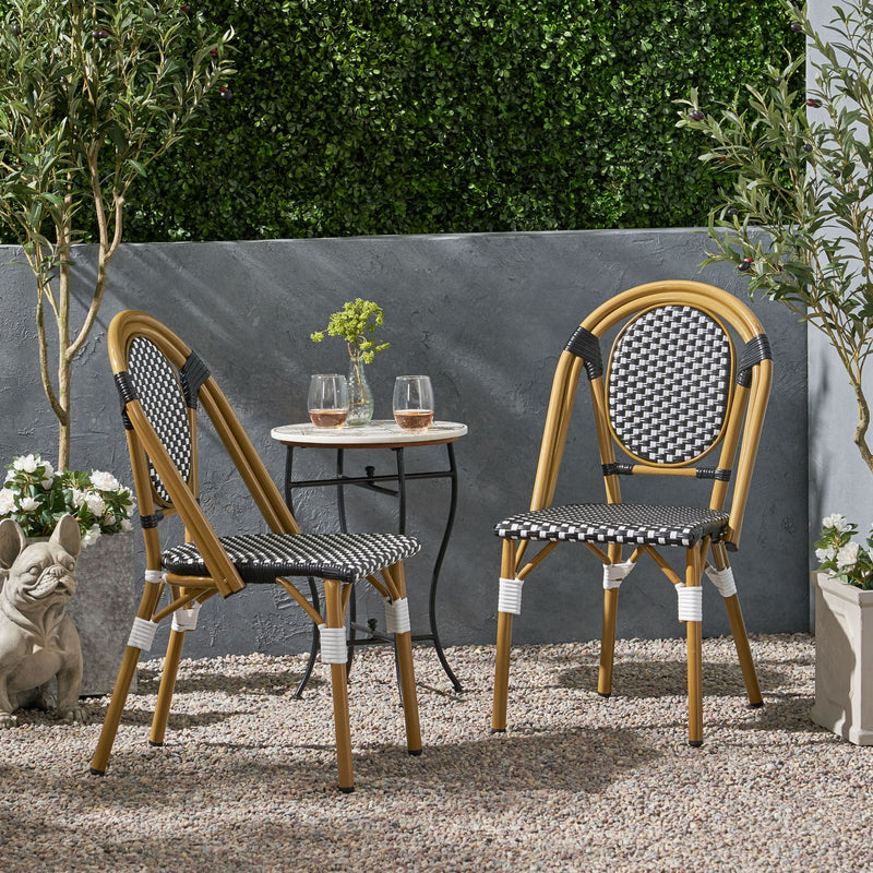 Outdoor rattan and aluminum French bistro chair set by Noble House, featuring stylish woven rattan design and metal frame.