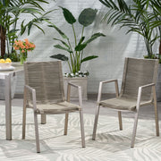 Noble House outdoor modern aluminum dining chair set with rope sea design, two stylish chairs for patio or garden dining.