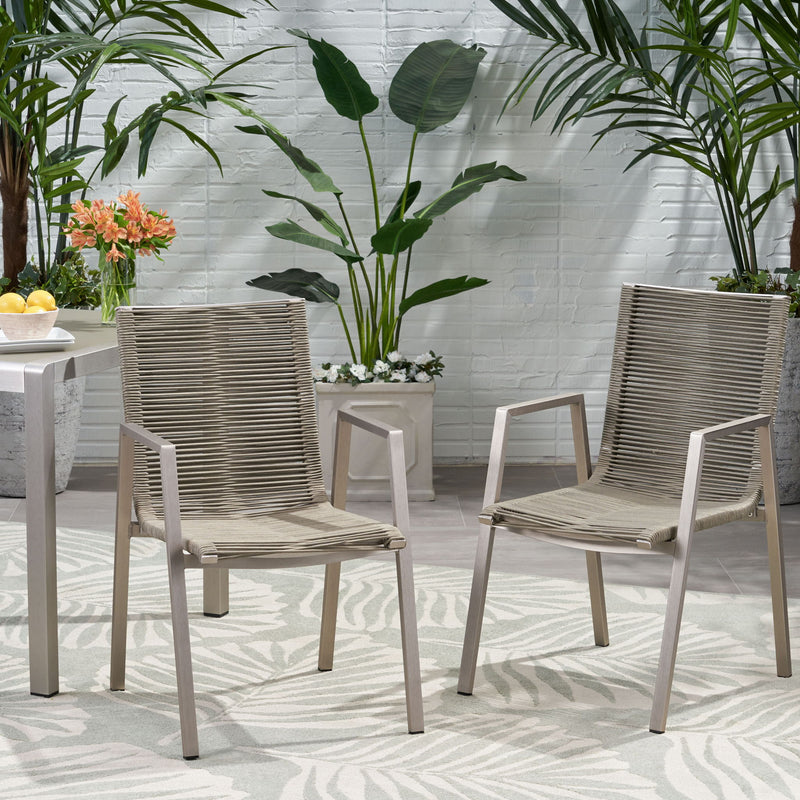 Noble House outdoor modern aluminum dining chair set with rope sea design, two stylish chairs for patio or garden dining.