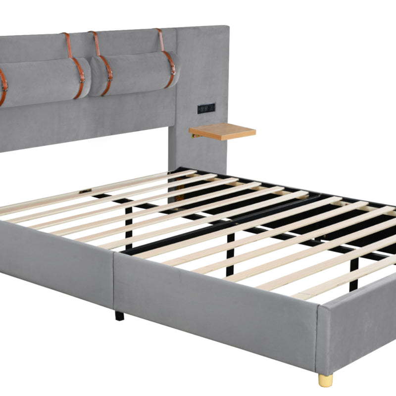 Upholstered Platform Bed, 2 Outlets And USB Charging Ports On Both Sides, 2 Bedside Pillows, Storage Shelves - R&R Furniture Gallery (Fountain Valley, CA)
