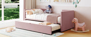 Twin size upholstered daybed with pop-up trundle by Halcyon Home, featuring soft fabric and a functional, space-saving design.
