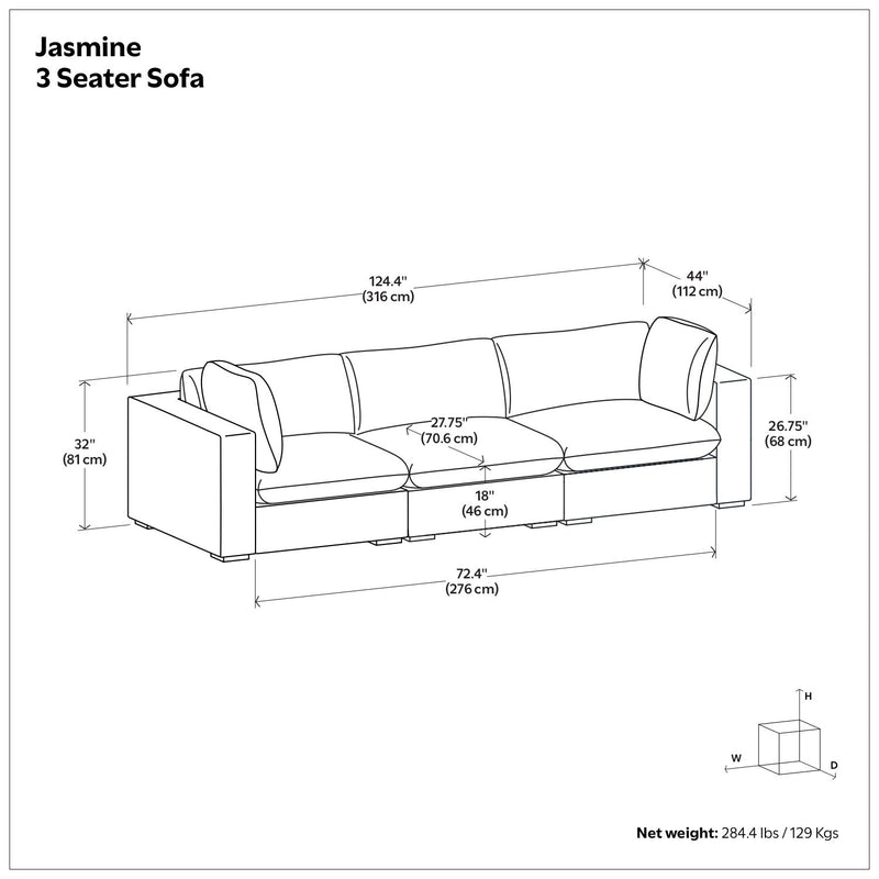 Handcrafted Jasmine stationary sofa by Simpli-Home featuring plush cushions and elegant fabric upholstery.