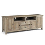 Simpli-Home Amherst wide TV media stand with open shelving and storage cabinets, ideal for modern living room organization.