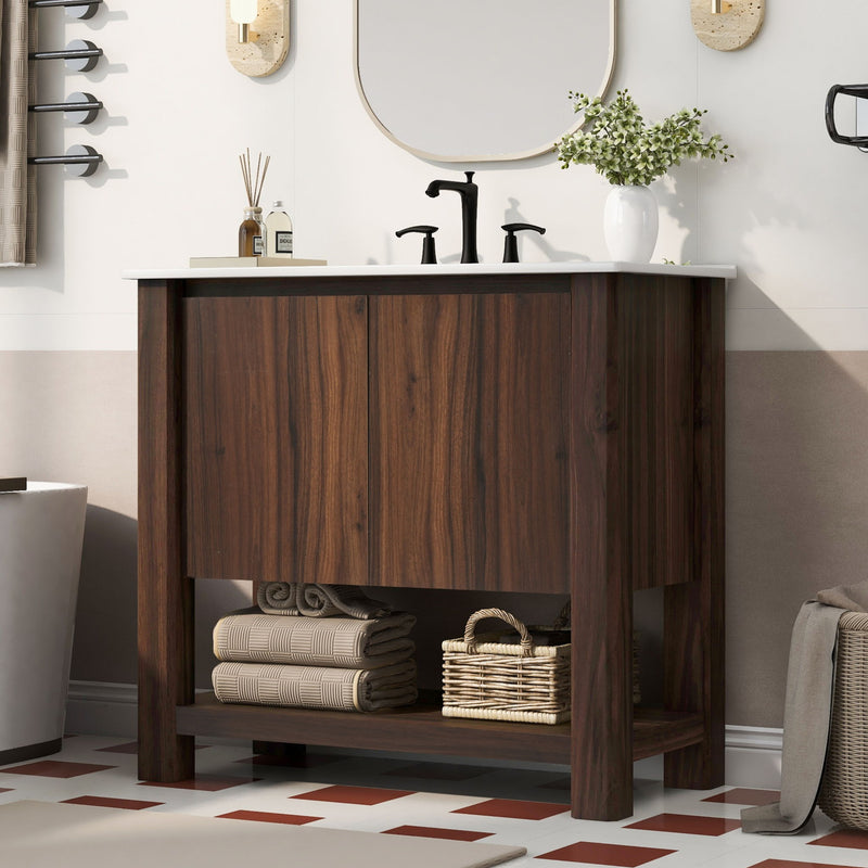 Modern Bathroom Vanity With Rectangle Ceramic Sink, Soft Closing Doors - R&R Furniture Gallery (Fountain Valley, CA)