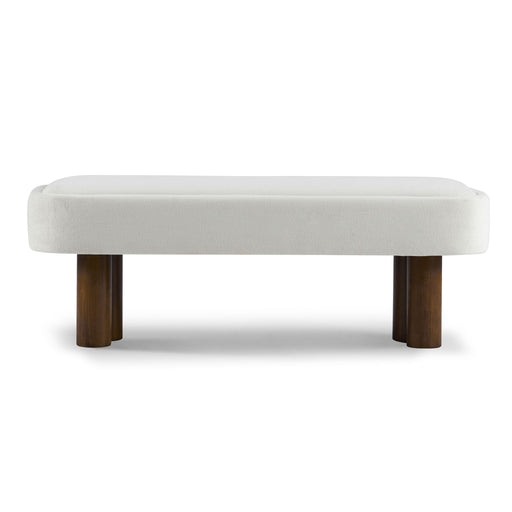 Indoor upholstered dining bench by Noble House with a padded seat and wooden legs, ideal for stylish dining room seating.