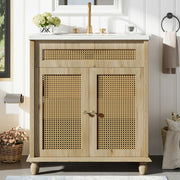 Bathroom Vanity With Handwoven Rattan Doors, Resin Basin - Natural Wood - R&R Furniture Gallery (Fountain Valley, CA)