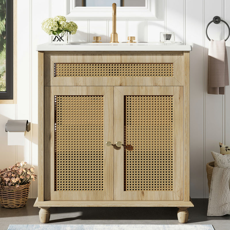 Bathroom Vanity With Handwoven Rattan Doors, Resin Basin - Natural Wood - R&R Furniture Gallery (Fountain Valley, CA)