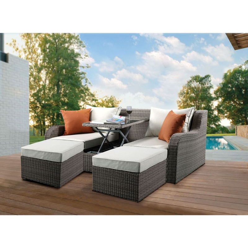 Salena - Patio Sofa With 2 Pillows & 2 Ottomans - Beige Fabric & Gray Wicker - R&R Furniture Gallery (Fountain Valley, CA)