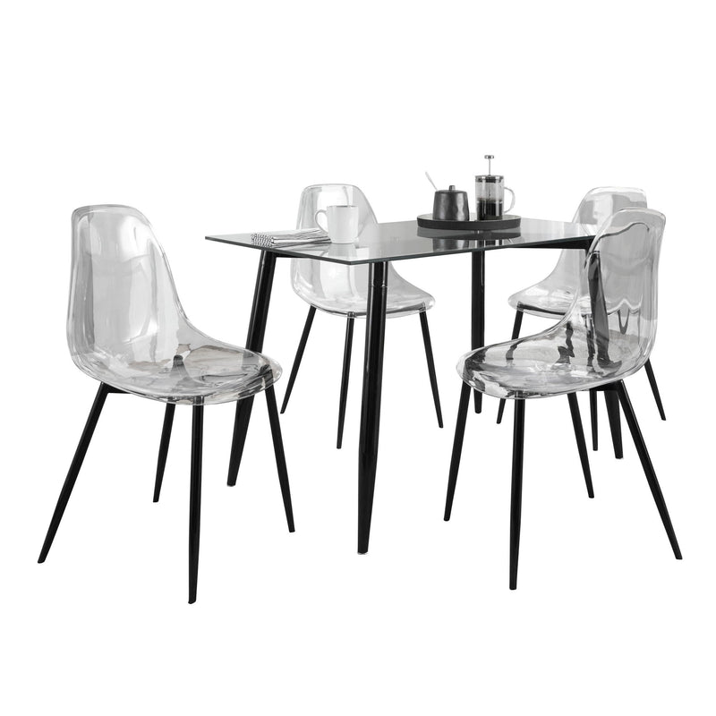 Lumi Source Clara 5-piece mid-century modern dining set with a wooden table and matching chairs in a stylish dining room scene.