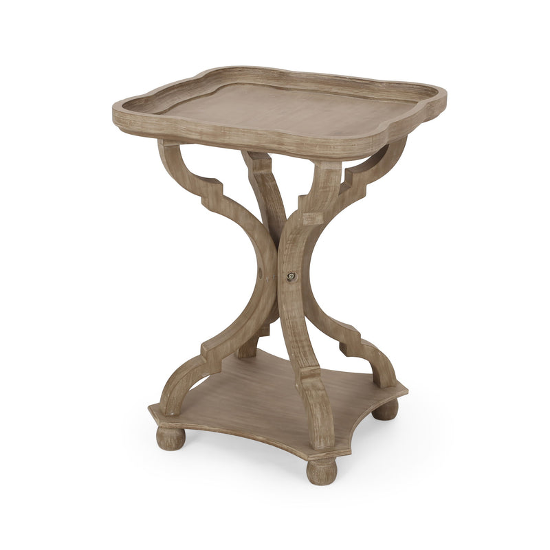 French country accent table with hourglass design in natural finish by Noble House, featuring a delicate and stylish accent piece.