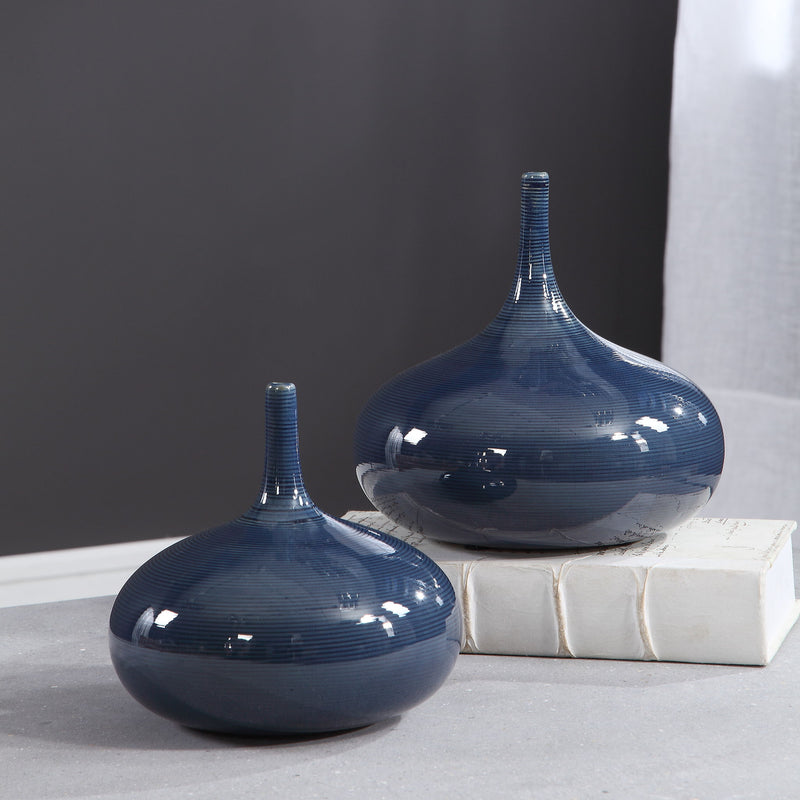 Set of two blue Zayan vases by Uttermost, featuring sleek cylindrical design and vibrant blue color for modern home decor.