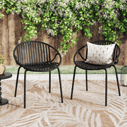 Set of two Noble House outdoor stackable chairs with breathable plastic backrests and sturdy metal frames.