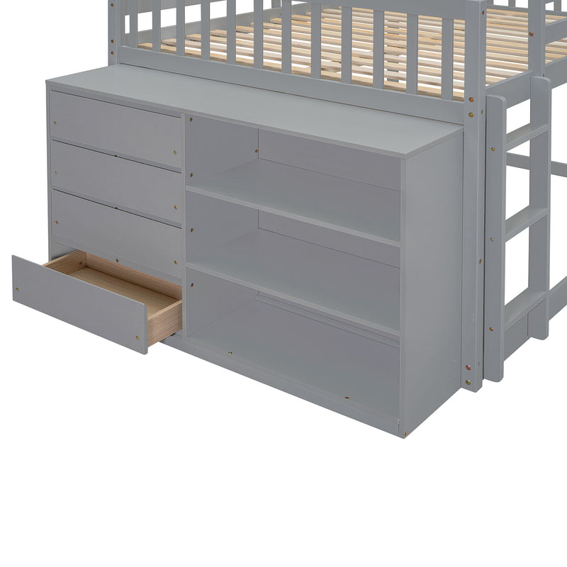 DreamHaus bunk bed with four drawers and three shelves, featuring a sturdy wooden frame and space-saving design for kids' bedroom.