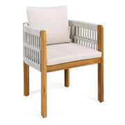 Set of two Noble House outdoor dining chairs with woven rope handles and sturdy frames, perfect for patio or garden seating.