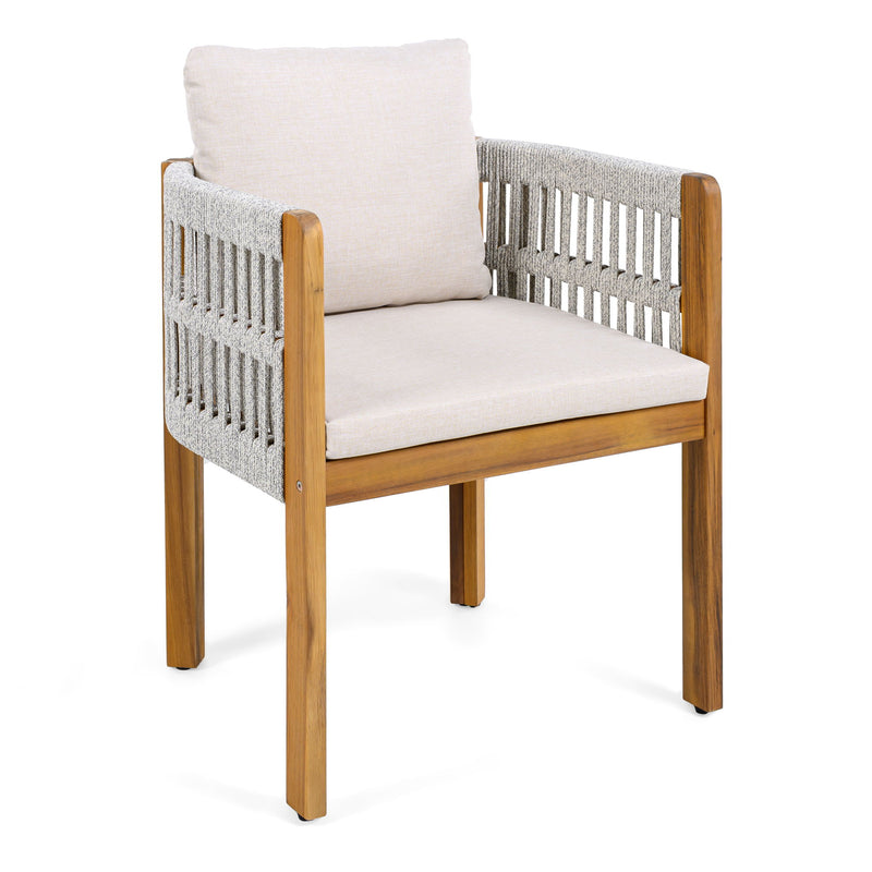 Set of two Noble House outdoor dining chairs with woven rope handles and sturdy frames, perfect for patio or garden seating.