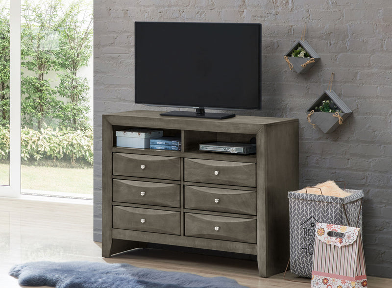 Glory Furniture Marilla media chest with drawers and open shelf, dark wood finish, ideal for living room media storage.