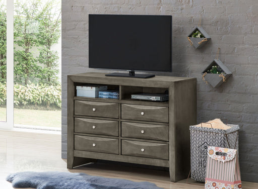 Glory Furniture Marilla media chest with drawers and open shelf, dark wood finish, ideal for living room media storage.