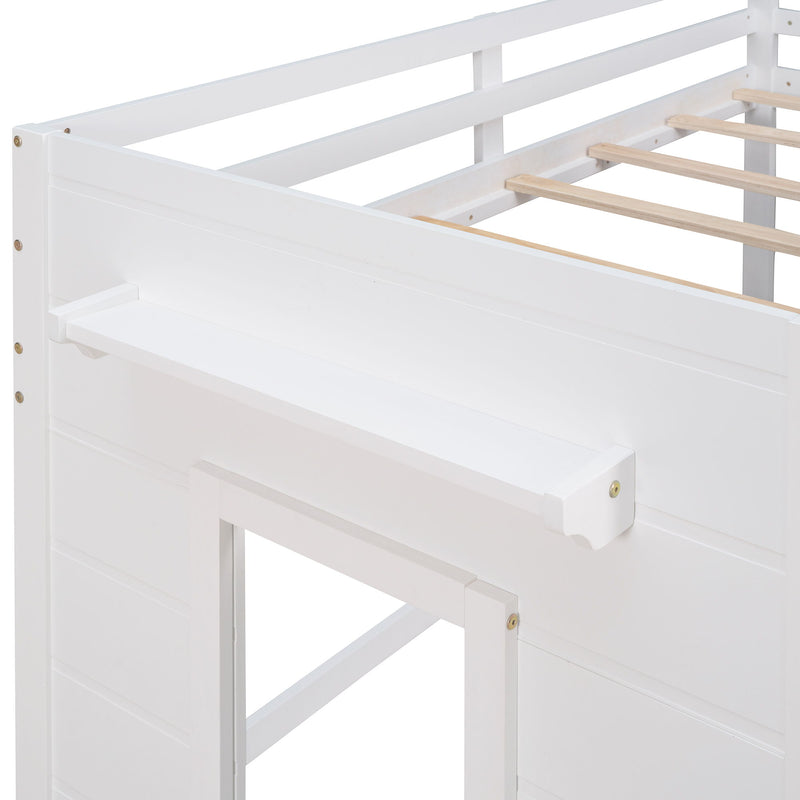 DreamHaus loft bed with integrated cabinet and shelf, featuring a sturdy wooden frame and space-saving design for bedrooms.