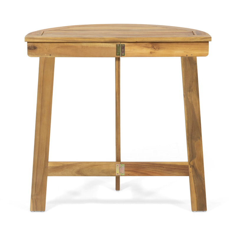 Outdoor Noble House half round folding bistro table made of acacia wood, perfect for patio or garden dining.
