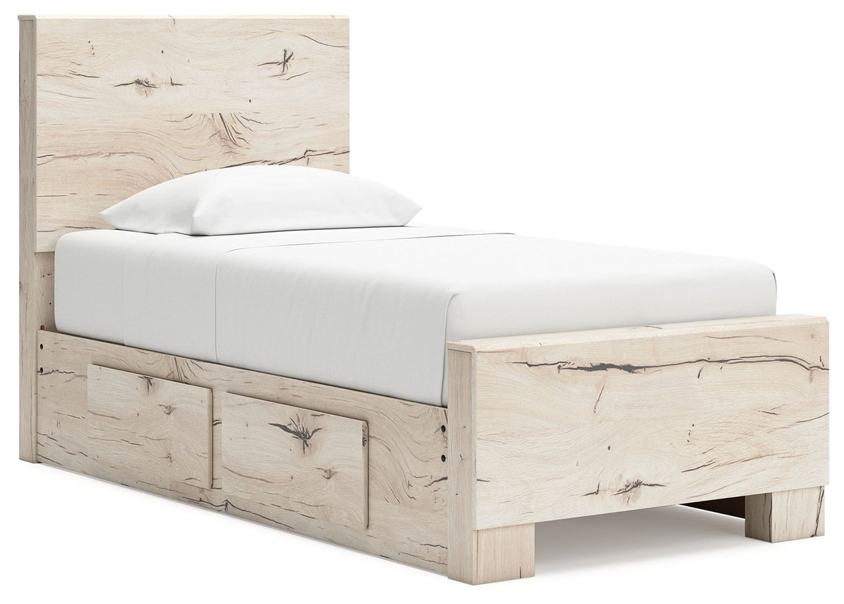 Signature Design by Ashley Lawroy panel bed with built-in storage drawers in a modern bedroom setting.