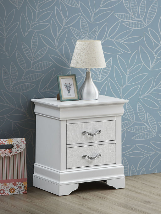 Decorative accent nightstand by Glory Furniture, featuring a sleek wooden design with a drawer and open shelf for bedside storage.