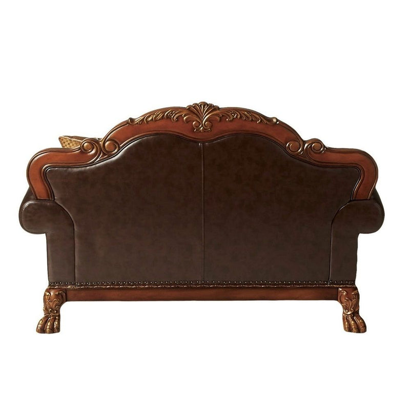 Dresden - Loveseat With 2 Pillows - Brown Synthetic Leather & Chenille, Cherry Oak - R&R Furniture Gallery (Fountain Valley, CA)