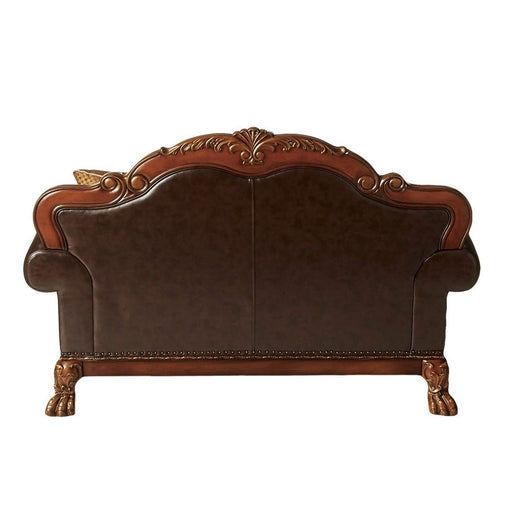 Dresden - Loveseat With 2 Pillows - Brown Synthetic Leather & Chenille, Cherry Oak - R&R Furniture Gallery (Fountain Valley, CA)