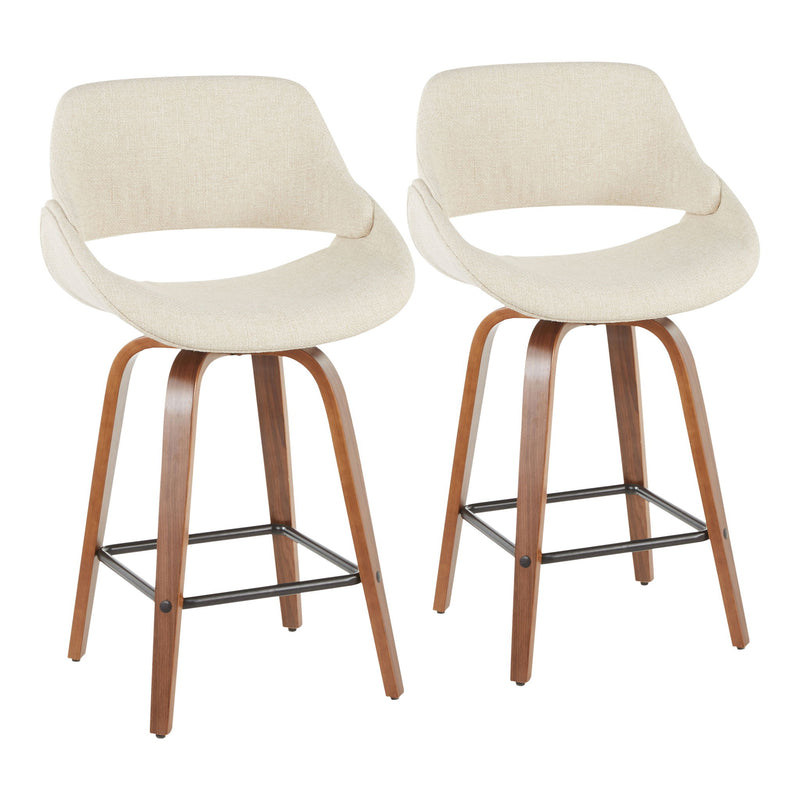 Set of two Fabrico Mid-Century Modern counter stools by Lumi Source, featuring wooden legs and upholstered seats.
