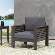 Noble House slat design arm chairs with cushions, featuring a modern wooden frame and plush seating for stylish comfort.