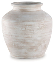Signature Design by Ashley Meadie 12-inch vase with a sleek, modern ceramic design and neutral finish.