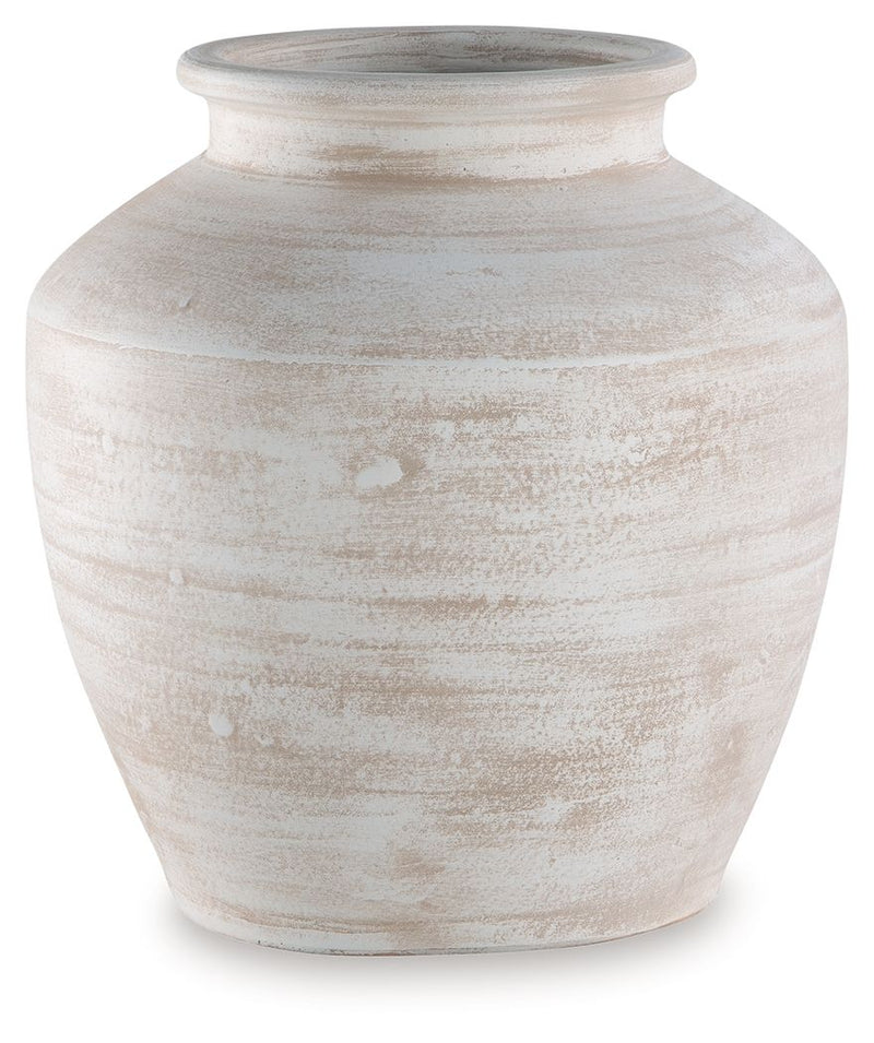 Signature Design by Ashley Meadie 12-inch vase with a sleek, modern ceramic design and neutral finish.