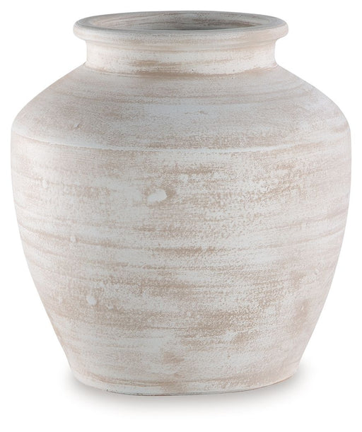Signature Design by Ashley Meadie 12-inch vase with a sleek, modern ceramic design and neutral finish.